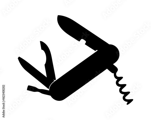 Black silhouette of a multitool pocket knife with various implements visible