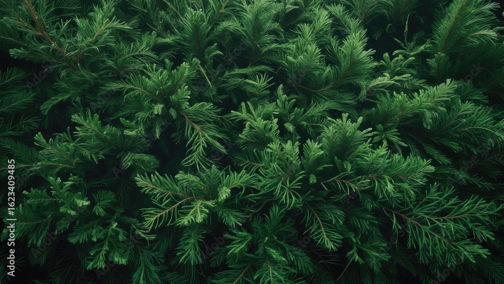 Fototapeta premium Lush green foliage of palm leaves, dense tropical plant canopy. Nature and plant life, greenery, forest, and vegetation.