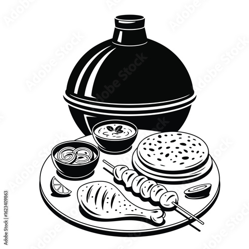 South Asian tandoori grill pack with marinated chicken leg, seekh kebab, naan bread, mint yogurt sauce, onion salad, lemon wedge, and coal tandoor oven black and white vector