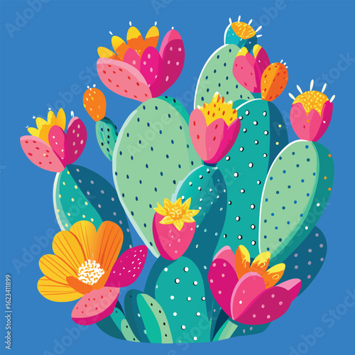Prickly Pear Cactus Flowers on Blue – Trendy Handmade Botanical Poster Illustration