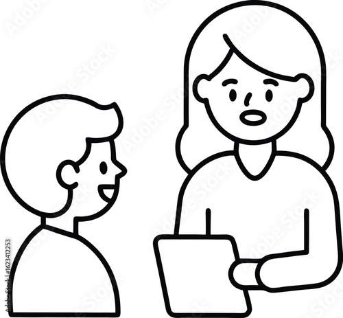 Two people talking with one holding a document isolated on transparent background