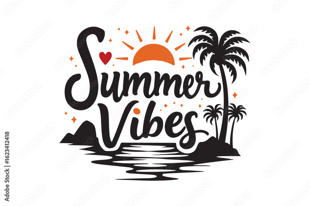 Naklejka premium Summer vibes typography with palm trees and sun