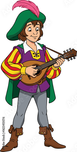 Cartoon medieval musician vector illustration, colorful character in fantasy outfit playing lute for children’s prints, games, and decor