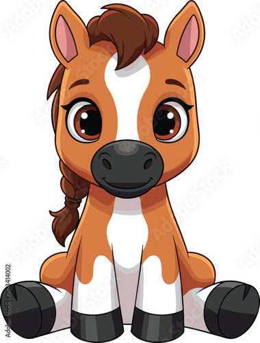 Cartoon sitting horse vector illustration, cute brown foal with braided mane and expressive eyes for children’s prints and animal artwork