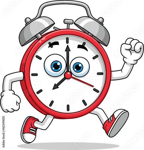 Cartoon running alarm clock vector illustration, red character with sneakers and blue eyes, energetic kids design for prints and decor