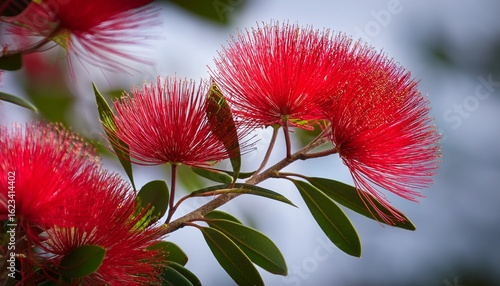 leaves and dark red flowers of the pohutukawa metrosideros excelsa also called new zealand christmas tree