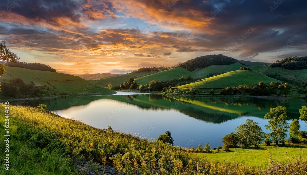 Obraz premium a serene lake surrounded by lush green and autumn colored trees mist rises from the water reflecting the vibrant foliage and blue sky