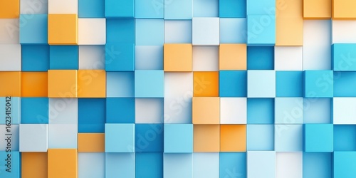 Abstract background with geometric colorful blocks in blue, orange and white, creating modern dimensional pattern for design concepts.