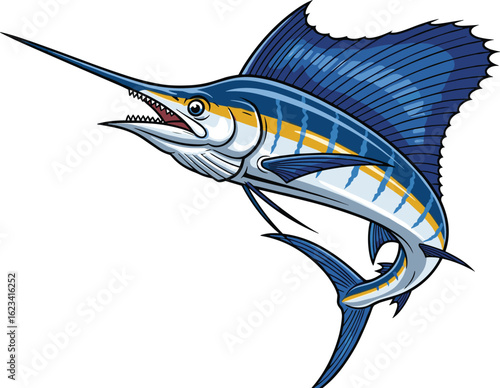 Vibrant cartoon marlin with blue and yellow striped body, dynamic vector illustration for ocean themes, children’s decor, and storytelling