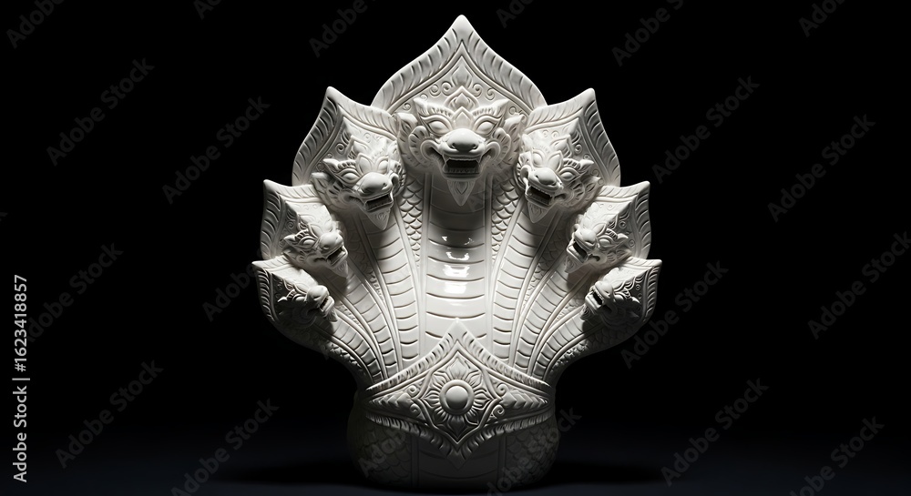 Naklejka premium Majestic White Seven-Headed Naga Sculpture – Thai Mythical Serpent in Fine Ceramic for Cultural and Spiritual Decor