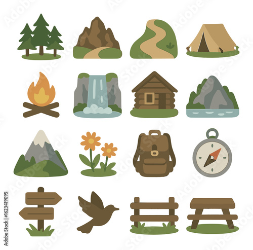 Camping adventure icons: nature, trekking, hiking, and outdoor exploration