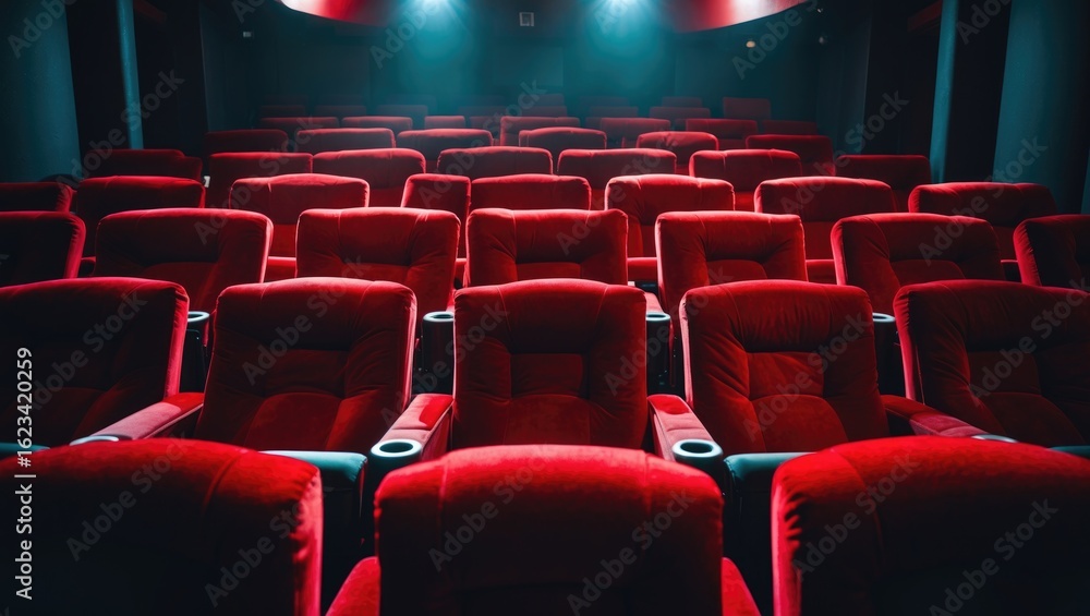Fototapeta premium Empty cinema with red seats and focused lighting, setting for film viewing and entertainment.