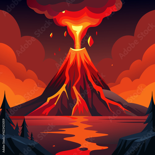 volcano in the night, a volcanic eruption with molten lava flowing down