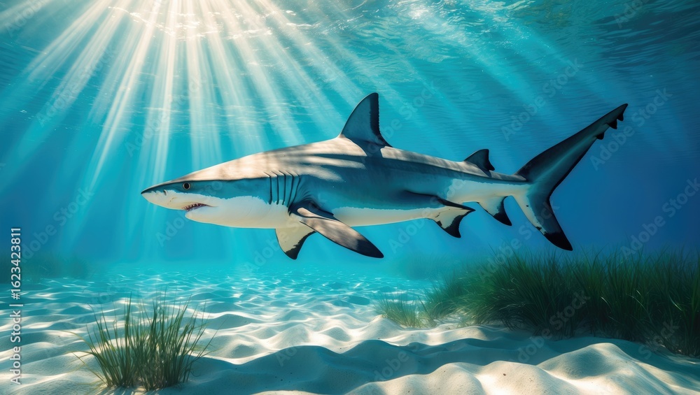 Obraz premium Shark swimming underwater with sunlight rays and seagrass on sandy ocean floor. Marine life and ocean ecosystem, concept. Underwater wildlife and habitat.