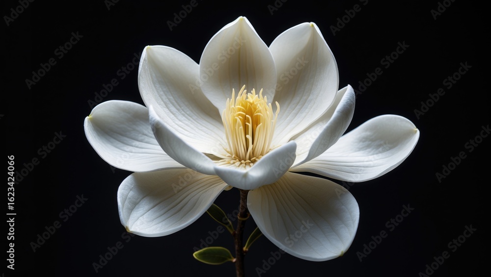 Fototapeta premium White lotus flower with delicate petals and yellow center, isolated on black background. Natural floral beauty and elegance.