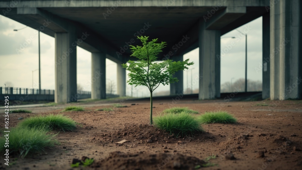 Obraz premium A young tree growing beneath an overpass with small patches of grass surrounding it.