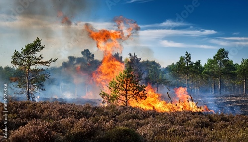 controlled burning in heathland ecosystems promoting biodiversity with bright orange flames against a smoky blue sky and green trees in the background