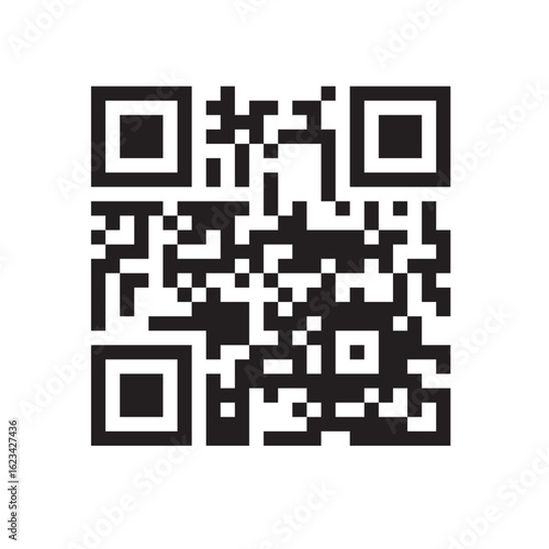 QR code icon. Fake template of quick responce matrix barcode in square grid. Mobile phone camera readable digital label isolated on white background. Vector graphic illustration