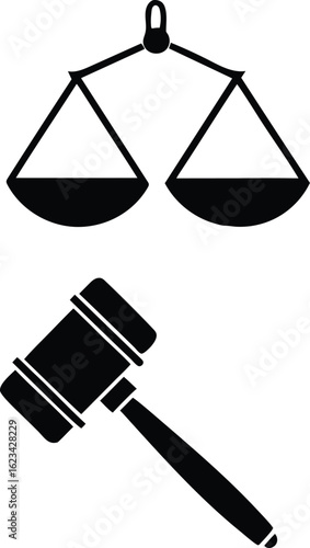 Scales of Justice and Gavel Symbolizing Law and Order in Legal System and Courtroom Proceedings Depicted in Black and White