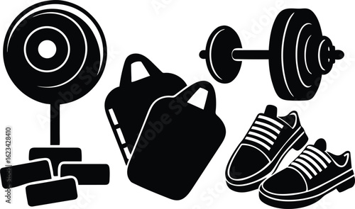 Gym Equipment Vector Illustration Featuring Barbell Punching Bag Weight Plate and Training Shoes Symbolizing Fitness Workout and Healthy Lifestyle