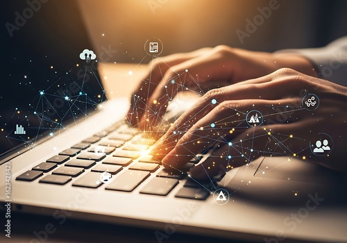 Photo of closeup of hands typing on a laptop keyboard, with glowing digital network icons symbolizing technology, data, and online connectivity in a modern workspace