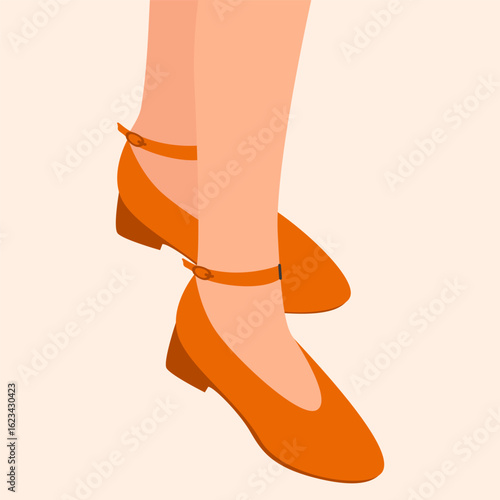 Woman feet in stylish shoes. Female legs in trendy fashionable footwear with straps, modern comfortable footgear, summer pumps urban street style. Vector illustration