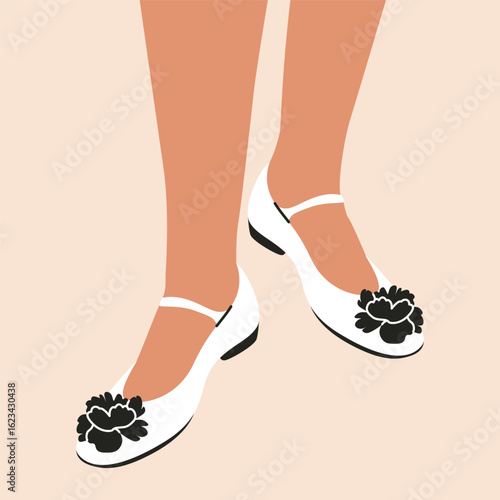 Woman feet in tote shoes. Fashionable female footwear, stylish trendy comfortable summer shoes with flower bow and straps, elegant footgear on flat sole. Vector cartoon illustration