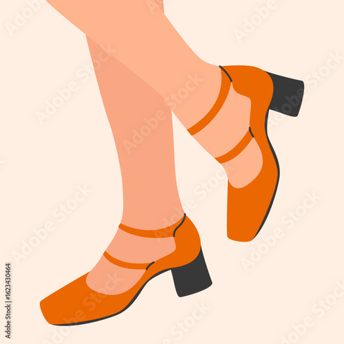 Woman feet in pumps. Elegant fashionable female shoes with little heels and straps, modern stylish footgear, trendy urban footwear cartoon flat style. Vector illustration