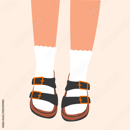 Woman feet in sandals. Female legs in wearing fashionable summer shoes, trendy open toe footwear, flipflop casual urban style. Vector cartoon illustration
