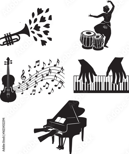 Violin with flowing music notes ,Piano keyboard with hands playing,   Tabla with traditional Indian dancer pose,Black and white silhouette ,Musical Fusion Silhouette  Violin, Piano & Tabla with Cla