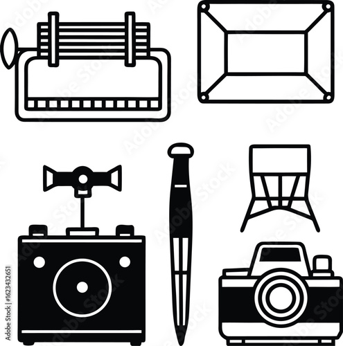 Vintage Photography Equipment Line Art Collection Timeless Icons of Analog Photography and Photographic Instruments Capturing Memories in Black and White