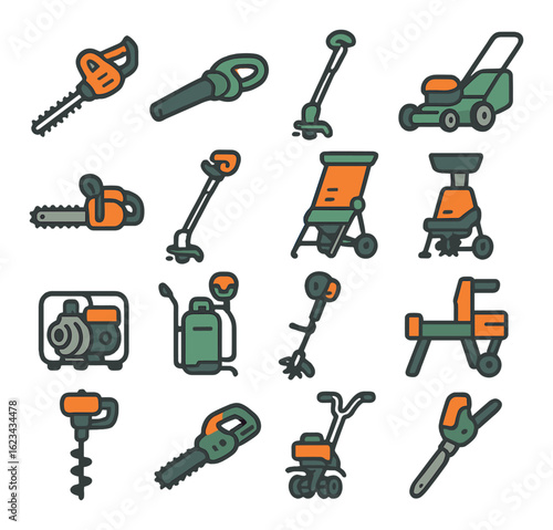 Collection of gardening and landscaping tools in cartoon style