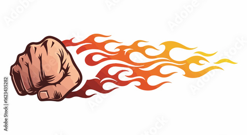 Powerful clenched fist punching with a trail of stylized red, orange, and yellow hot rod flames.