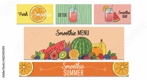 Set of vibrant, hand-drawn smoothie menu banners featuring assorted fruits like watermelon, orange, and berries.