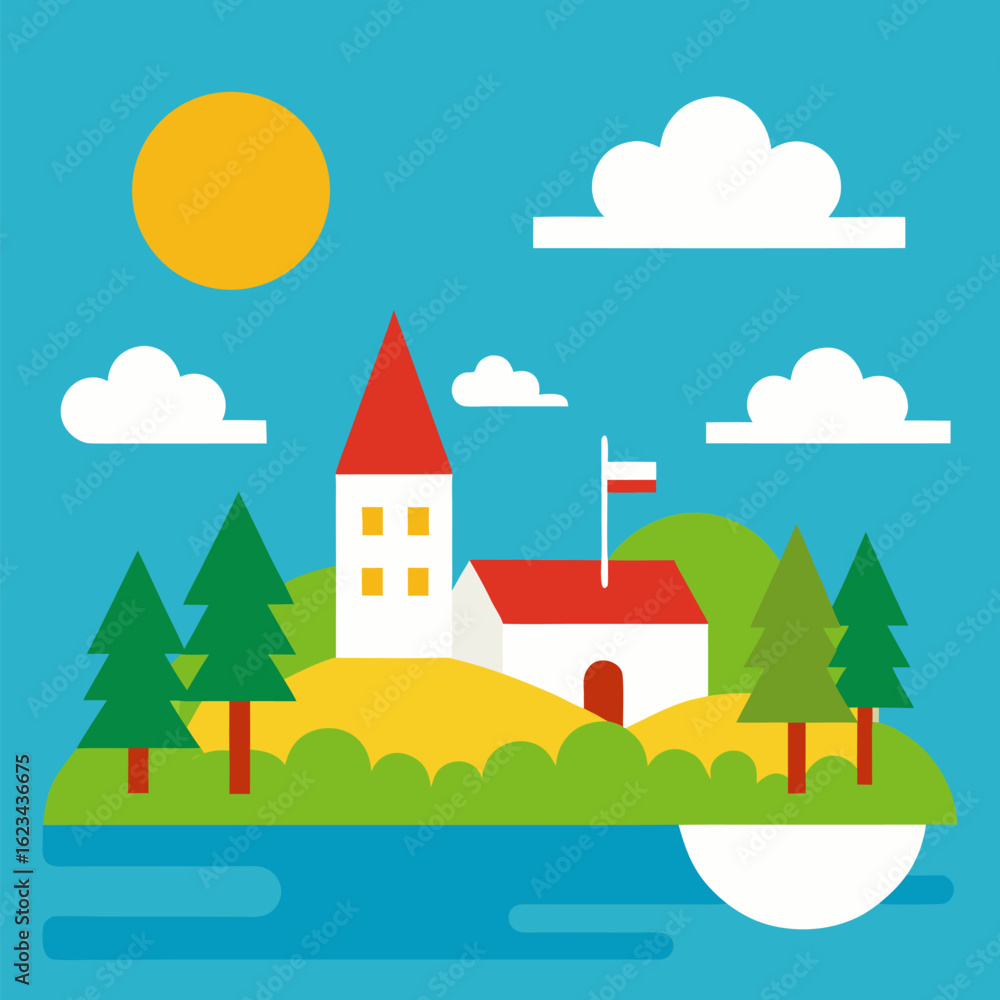 Naklejka premium A gorgeous summer day in Poland's Masuria lake district vector landscape background.