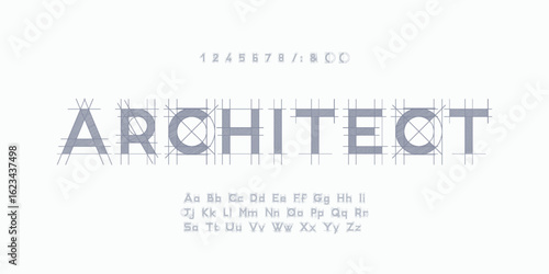 Architectural project font, technical draw style alphabet. Geometrical typography. Wireframe letters, typographic design with draft strokes for architecture logo and headline. Isolated vector typeset
