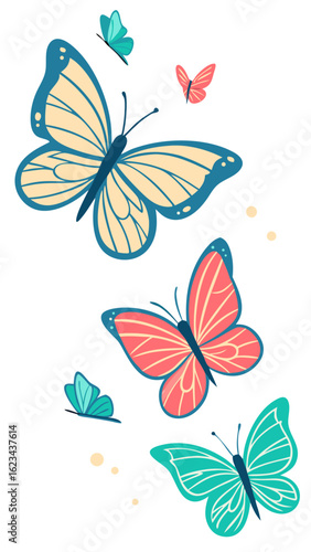 Colorful butterfly illustrations in various styles with vibrant tones and soft textures, ideal for decor, design, stationery, and fabric prints