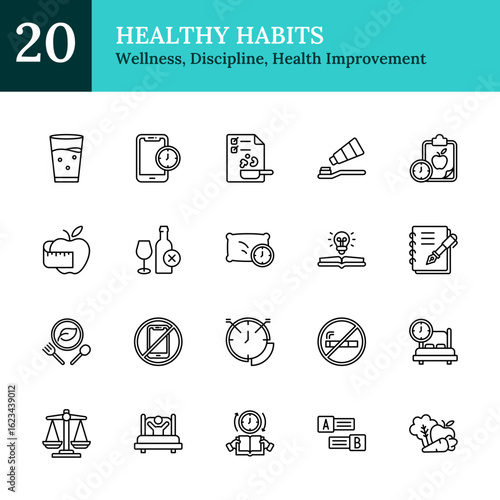 Healthy Habits Outline Icon Sheet Vector Design - representing wellness lifestyle, daily discipline, personal health improvement, food, sleep, routines, planning, and restrictions