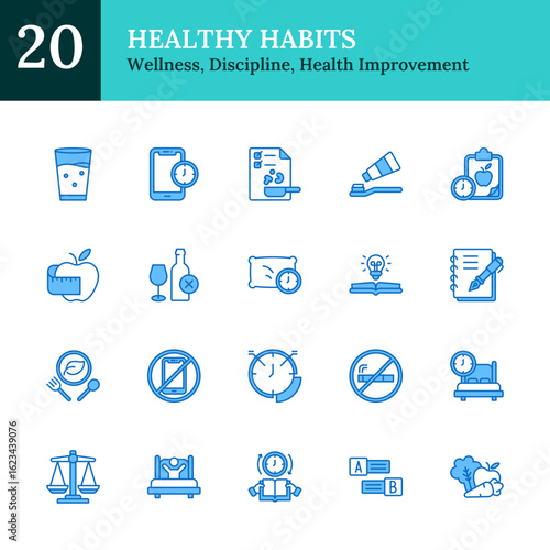 Healthy Habits Blue Fill Outline Icon Sheet Vector Design - representing wellness lifestyle, daily discipline, personal health improvement, food, sleep, routines, planning, and restrictions
