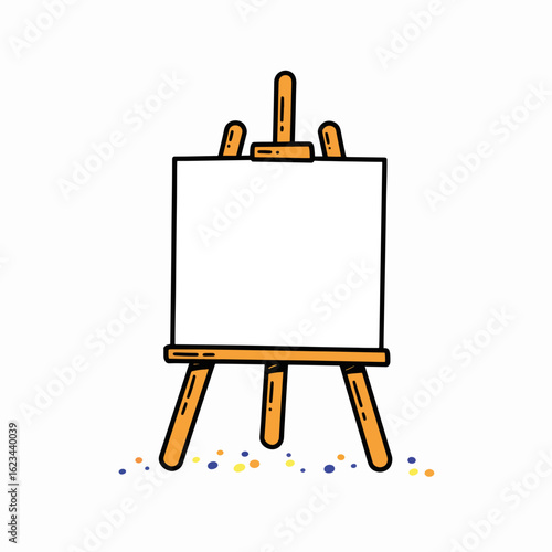 Blank canvas on wooden easel with colorful paint splatters  