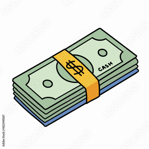 Stack of cash bundles wrapped with a yellow band  