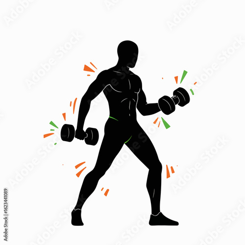 Silhouette of man exercising with dumbbells in dynamic pose  