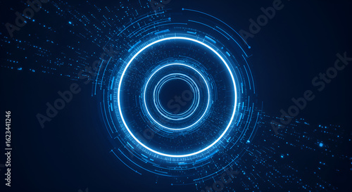 Blue abstract background with glowing circles. Swirl circular lines pattern. Geometric spiral. Twirl element. Modern graphic design. Futuristic technology concept.