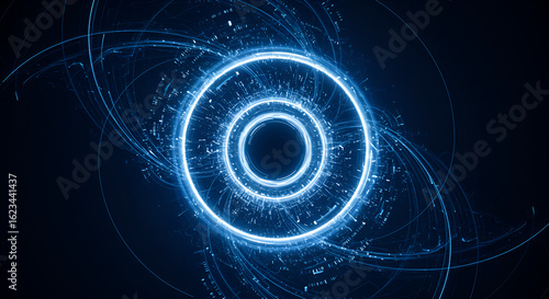 Blue abstract background with glowing circles. Swirl circular lines pattern. Geometric spiral. Twirl element. Modern graphic design. Futuristic technology concept.