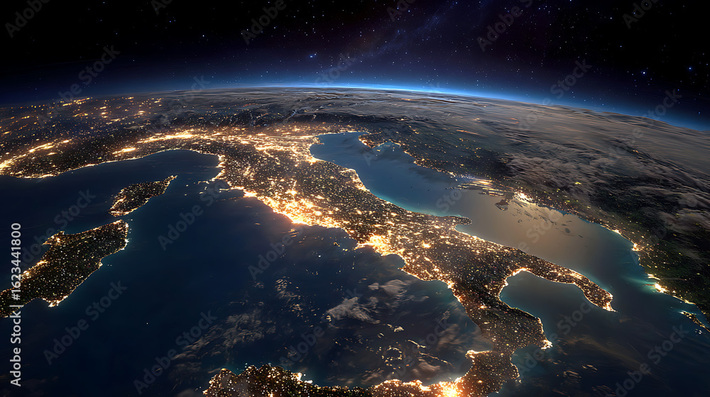 Obraz premium Illuminated Earth Coastlines Under Starry Sky night satellite