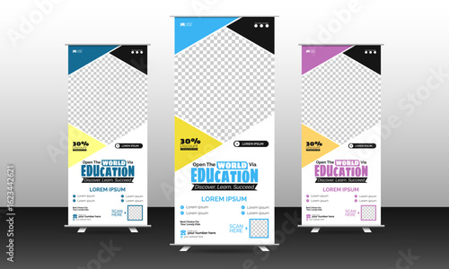 Roll-up banner template design for back-to-school. Illustration for a school admission banner used in marketing.
