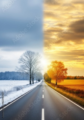 A road showing the transition from winter to summer with trees and sky