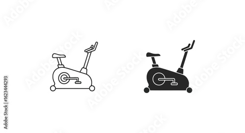 Vector art of set of exercise bike icons, line art and solid fill, isolated on white background