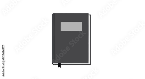 Vector art of a closed dark gray hardcover book with a blank gray label on the cover and a black bookmark, isolated on white background