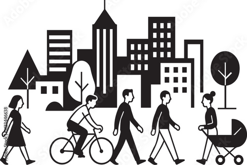Urban Public Space. People Walking, Jogging illustration